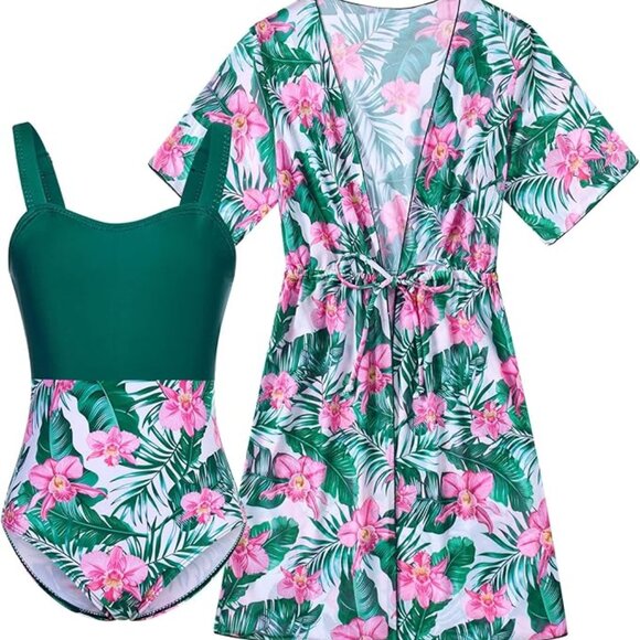 NEW Girls One Piece Swimsuits with Bathing Suit Cover up Size 10/12 - Picture 1 of 6